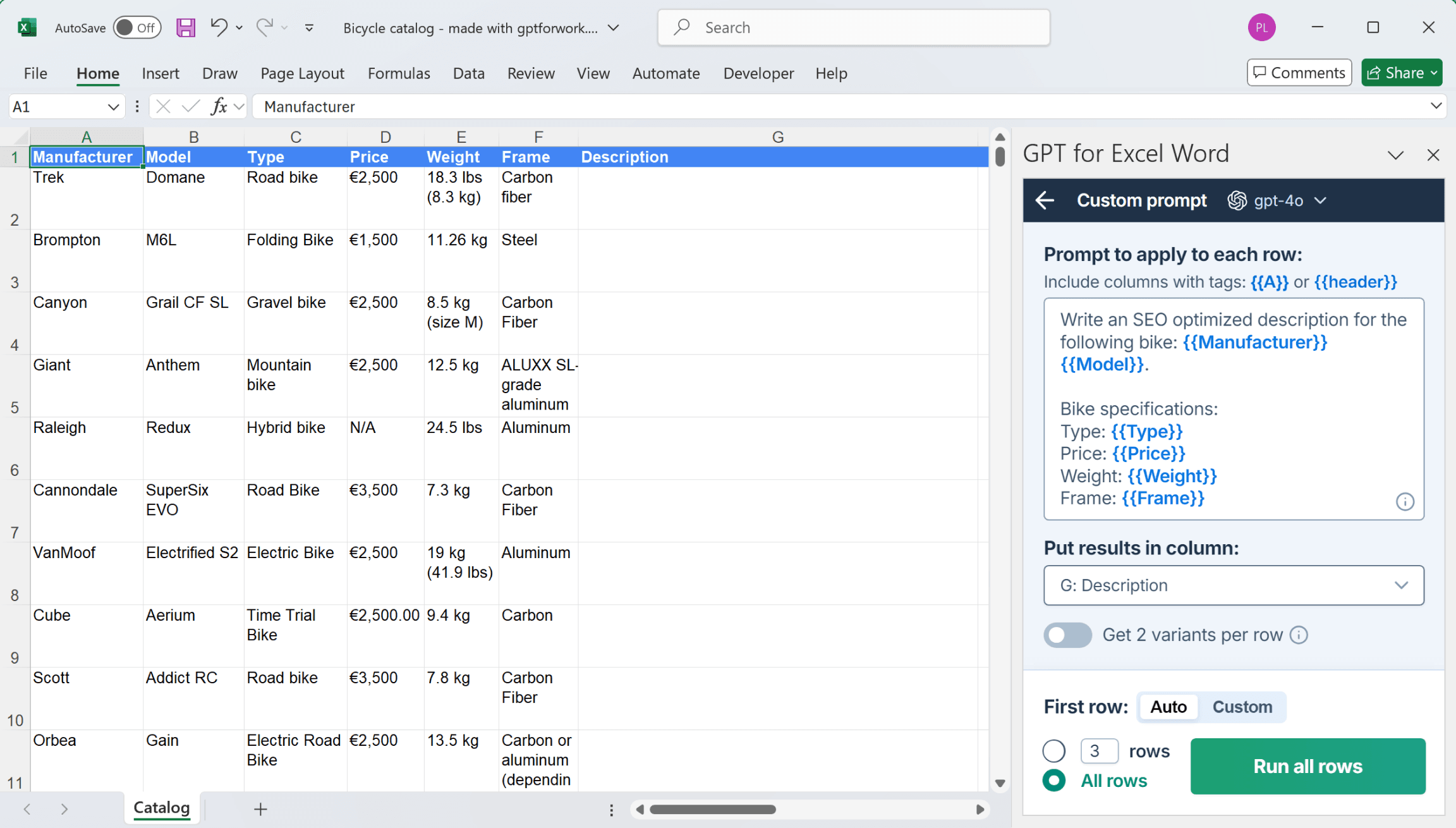 GPT for Microsoft Excel