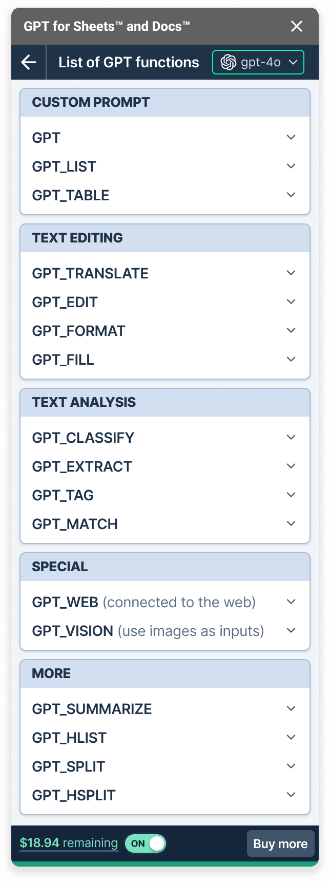 GPT for Sheets functions