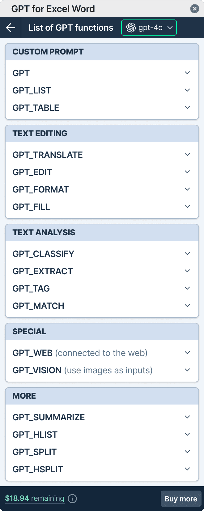 GPT for Excel functions