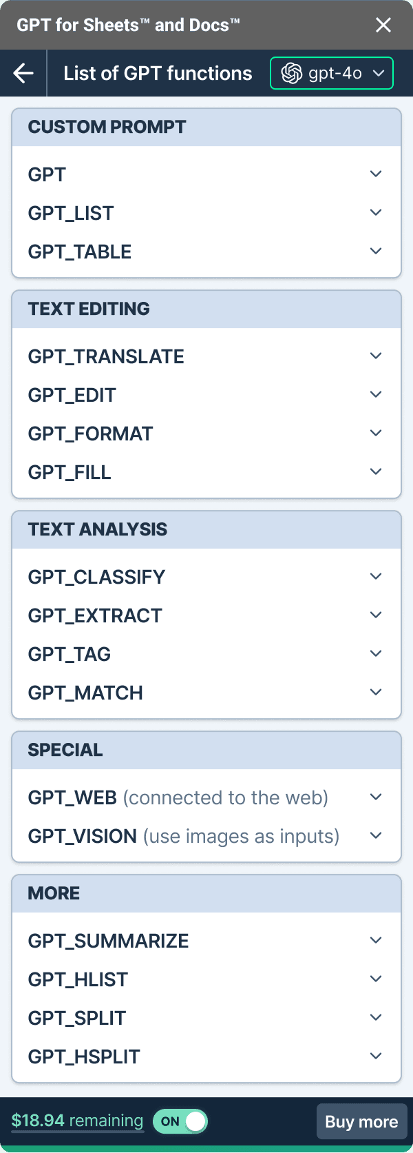 GPT for Sheets functions