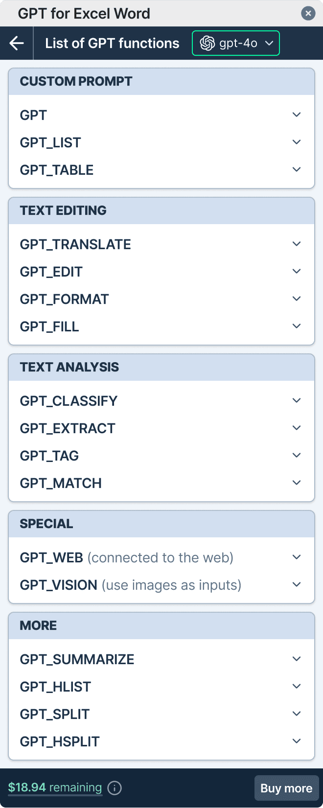 GPT for Excel functions