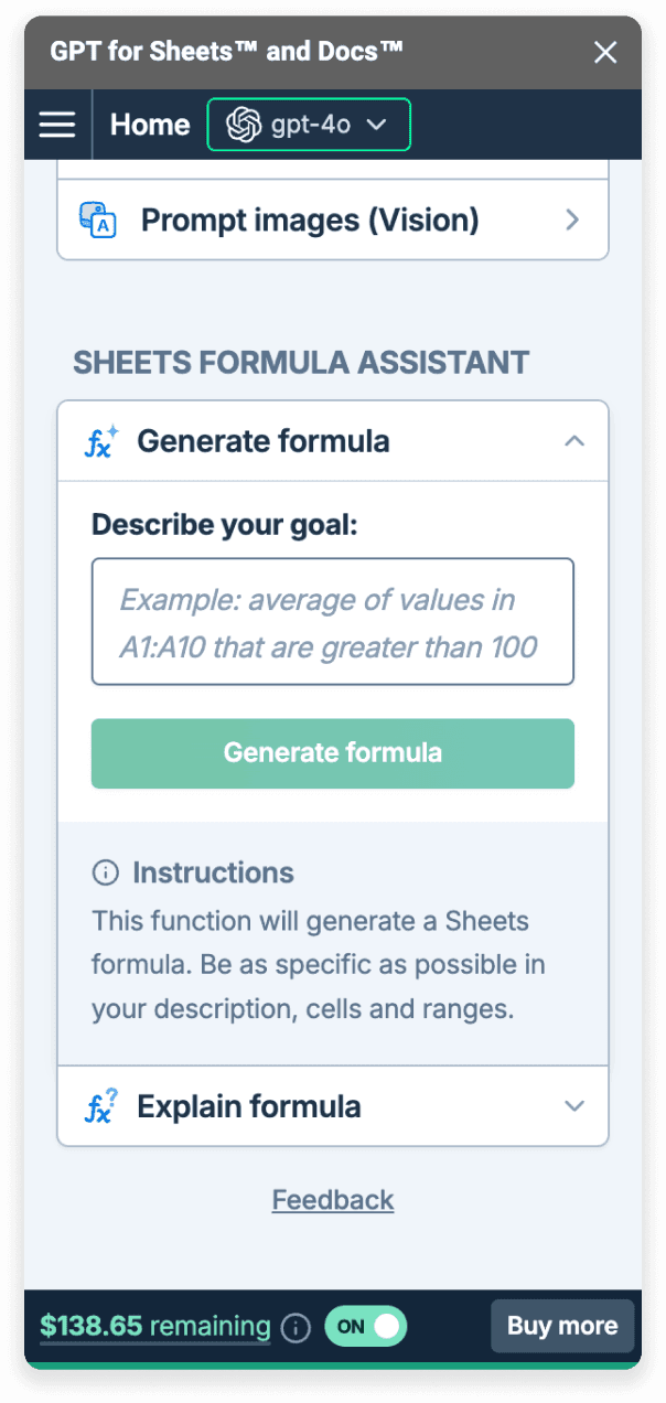 GPT for Sheets formula assistant