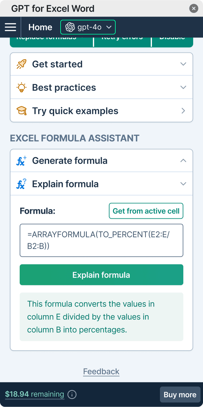 GPT for Excel formula assistant