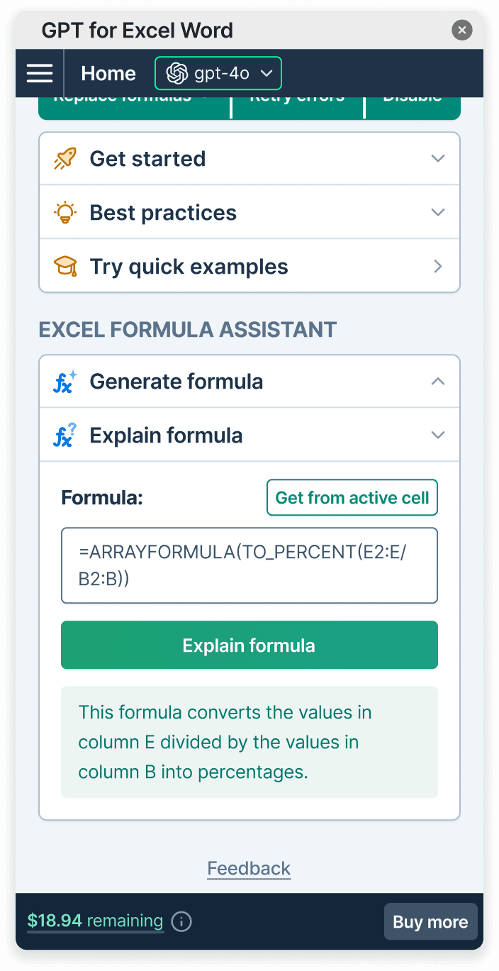 GPT for Excel formula assistant