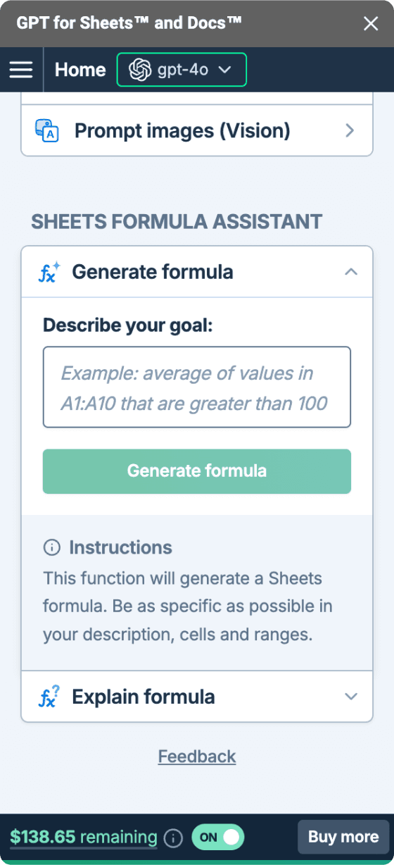GPT for Sheets formula assistant