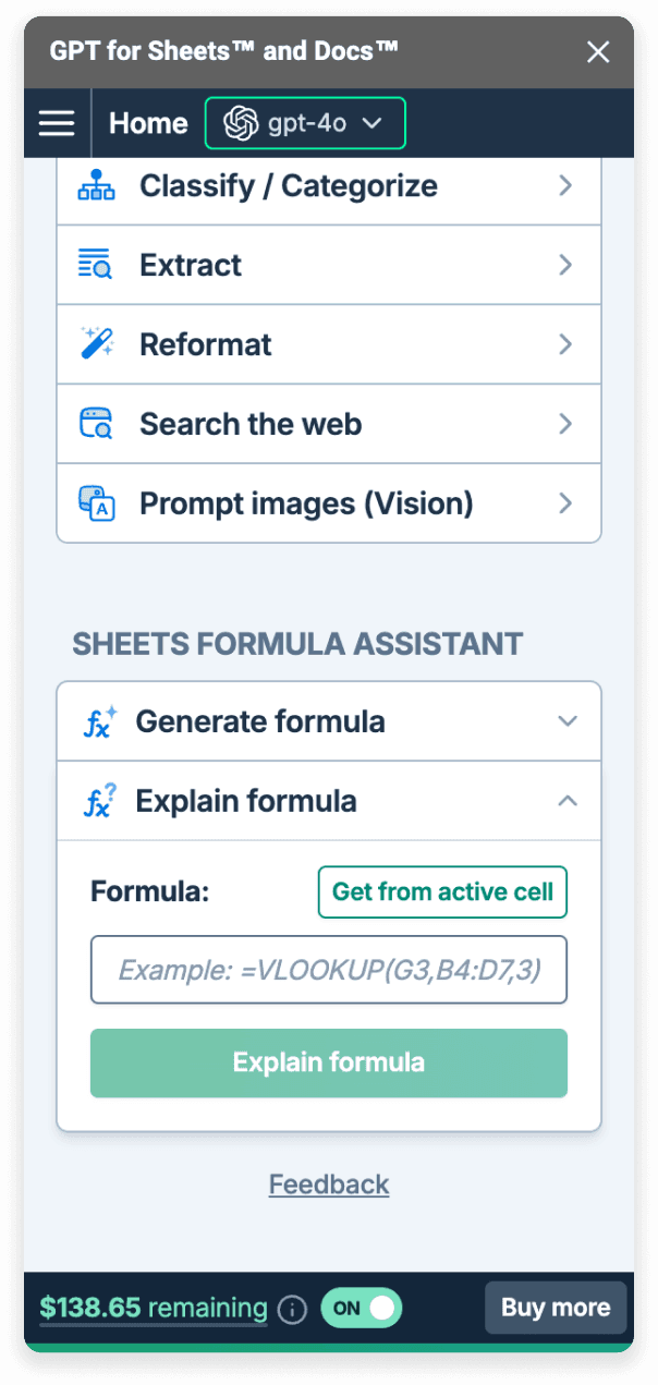 GPT for Sheets formula assistant