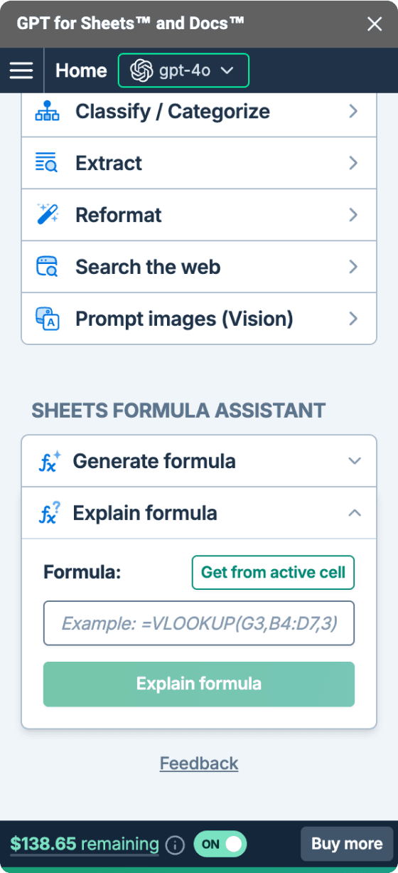 GPT for Sheets formula assistant