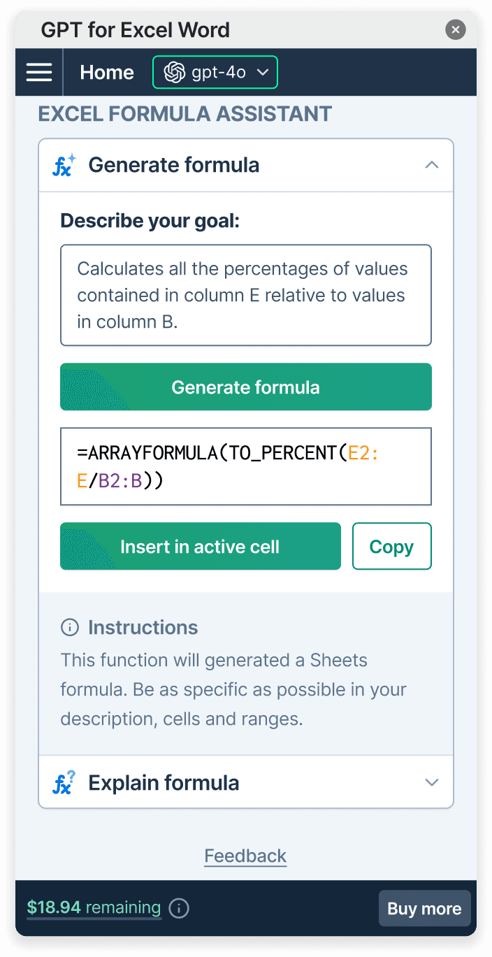 GPT for Excel formula assistant