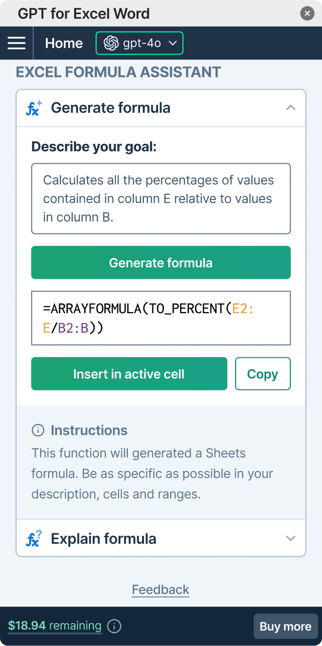 GPT for Excel formula assistant