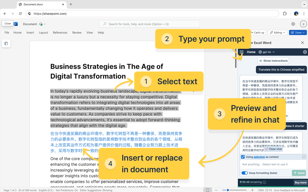Microsoft Word document with selected text and an AI sidebar for prompting, previewing, and inserting edited text