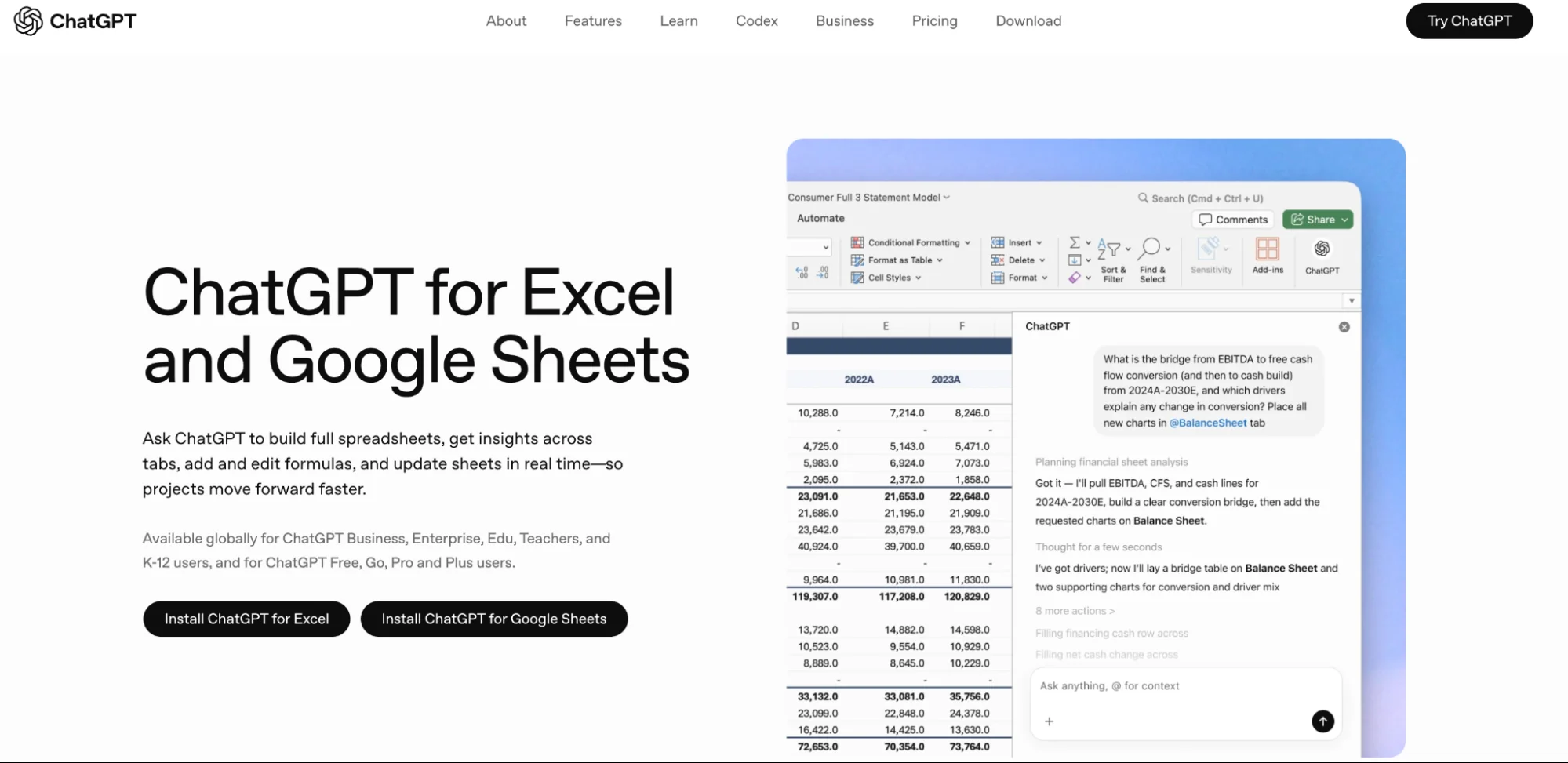 ChatGPT for Excel and Google Sheets page showing install options and the ChatGPT sidebar open in a spreadsheet