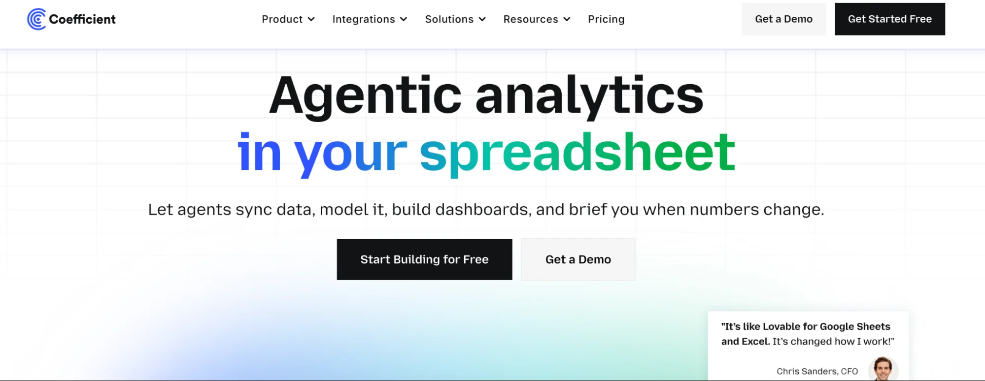 Coefficient homepage presenting agentic analytics that sync data and build dashboards in your spreadsheet