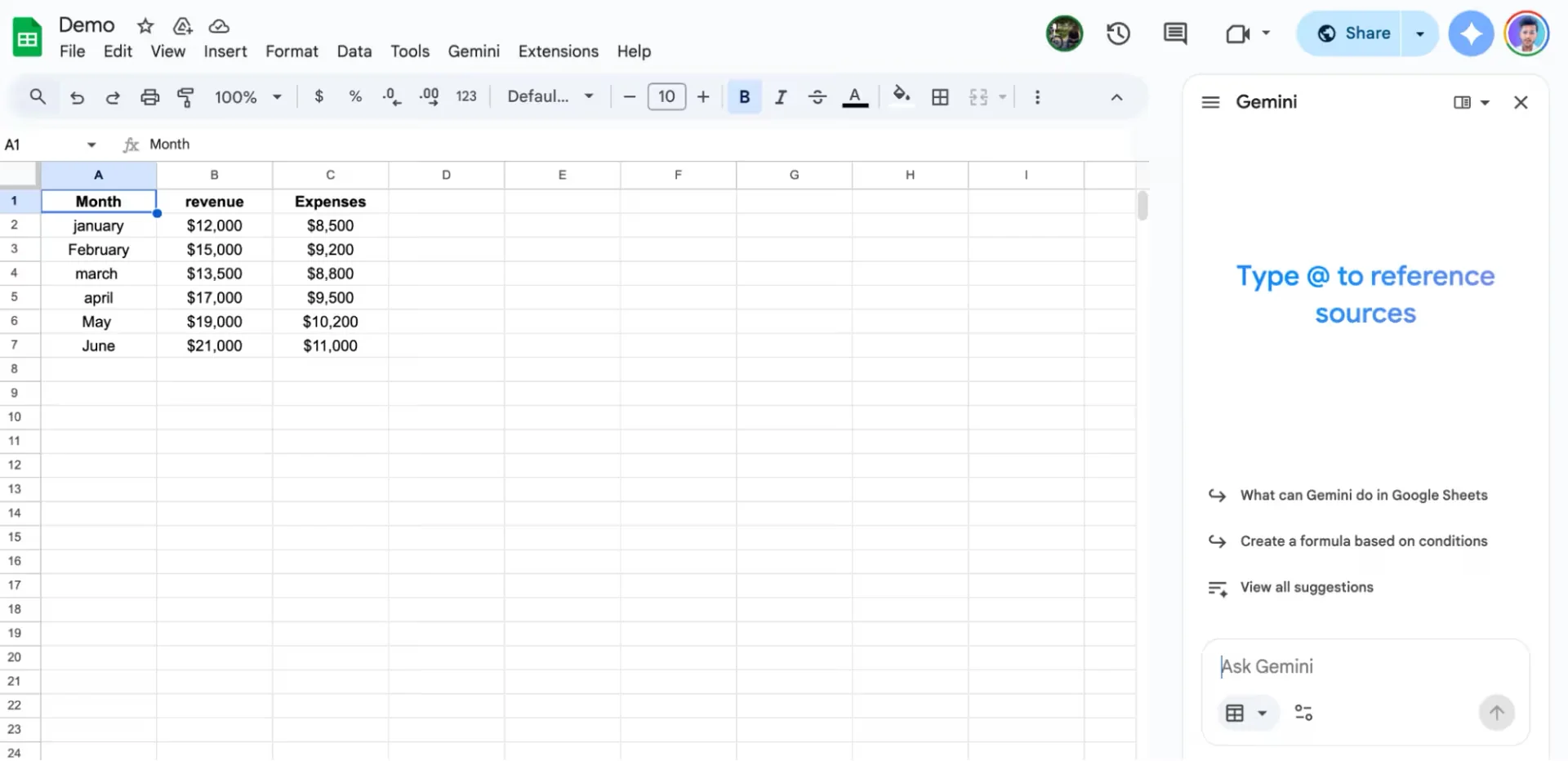 Gemini side panel open beside a demo revenue and expenses table in Google Sheets