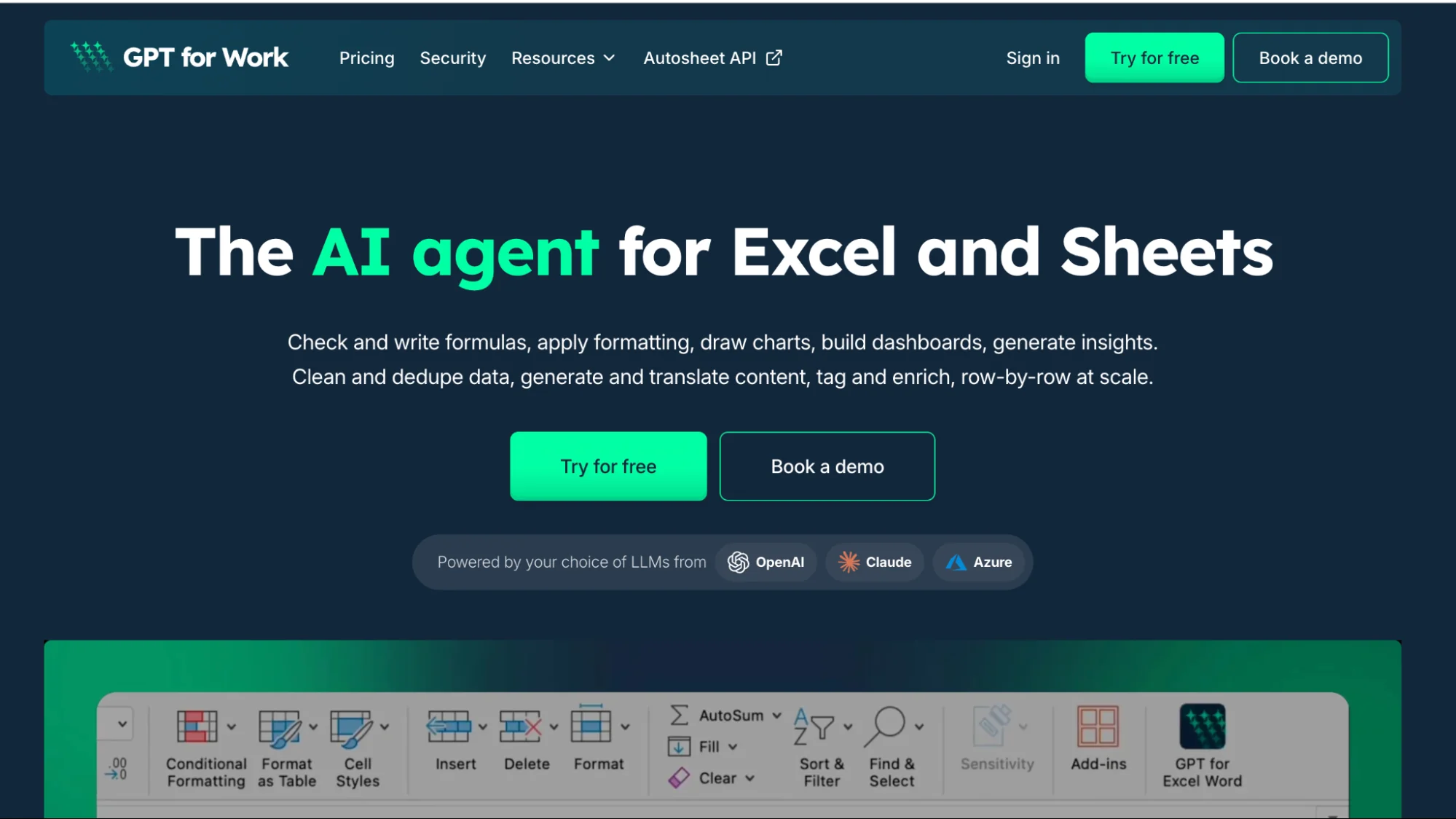 GPT for Work homepage presenting the AI agent for Excel and Sheets