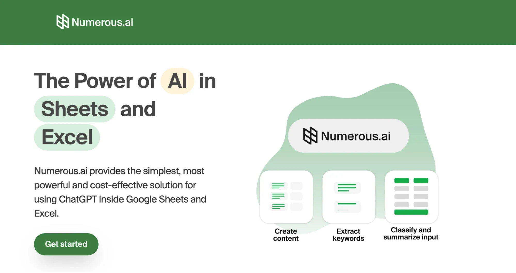 Numerous.ai homepage presenting ChatGPT inside Google Sheets and Excel