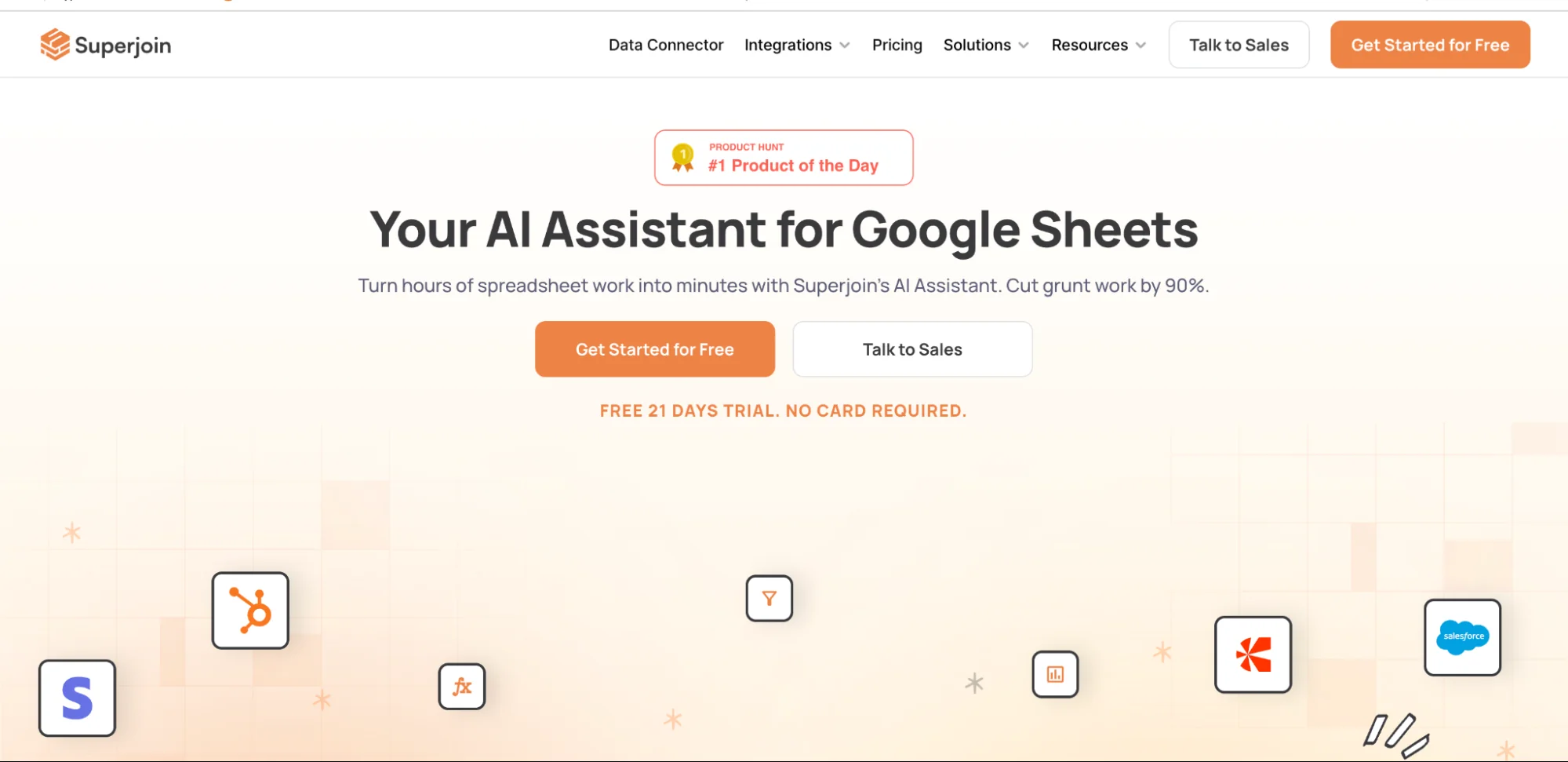 Superjoin homepage presenting its AI assistant for Google Sheets alongside its data connectors