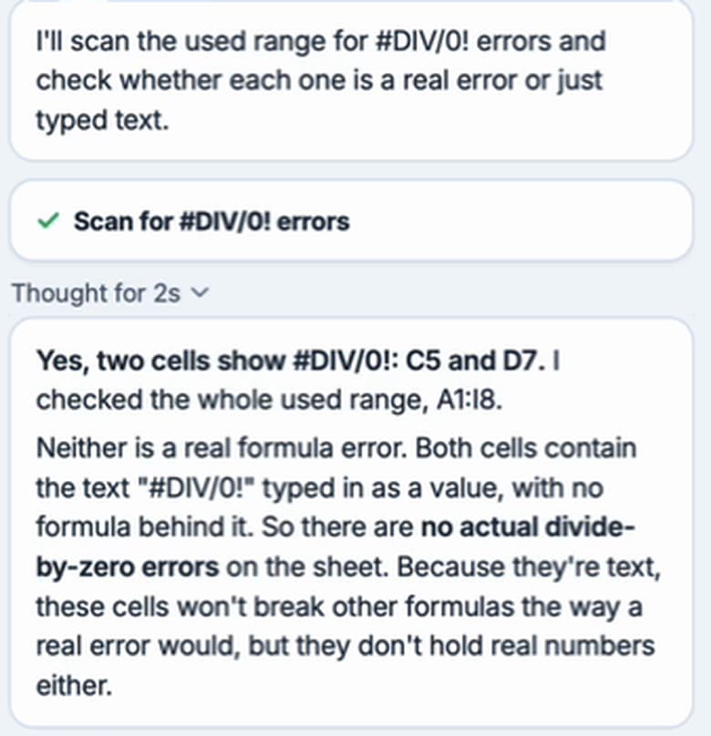 Successful answer listing every spreadsheet cell with a DIV/0 error