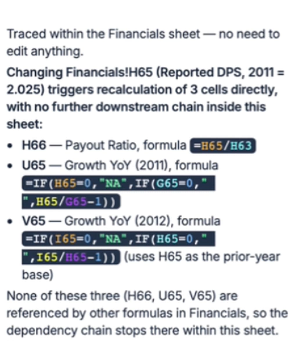 Failed answer from Opus 4.8 listing only direct dependents on the Financials sheet