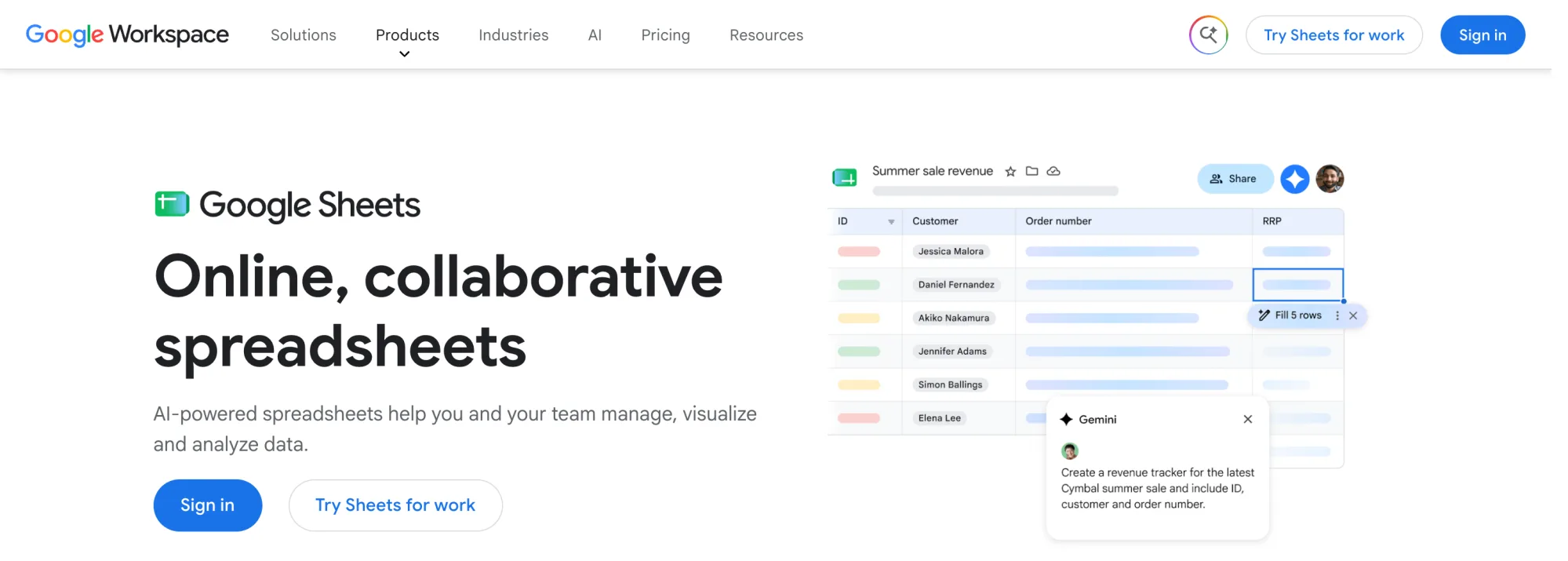 Google Sheets product page showing the Gemini panel and a fill suggestion inside a spreadsheet