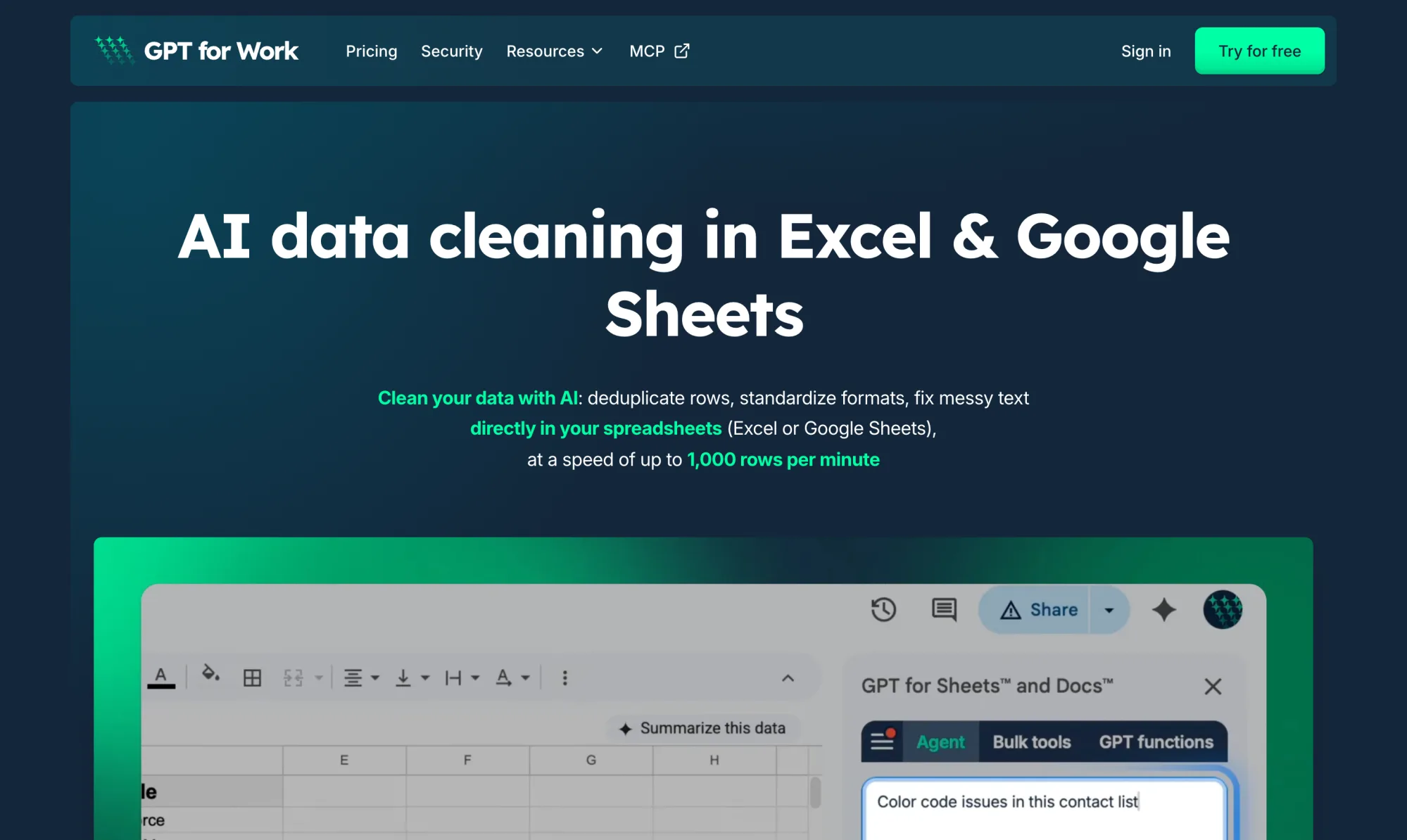 GPT for Work AI data cleaning page showing the agent cleaning a 1,000-row lead list in Google Sheets