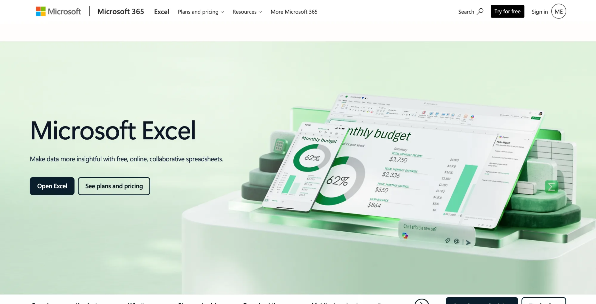 Microsoft Excel product page showing a workbook with the Copilot pane and prompt bar