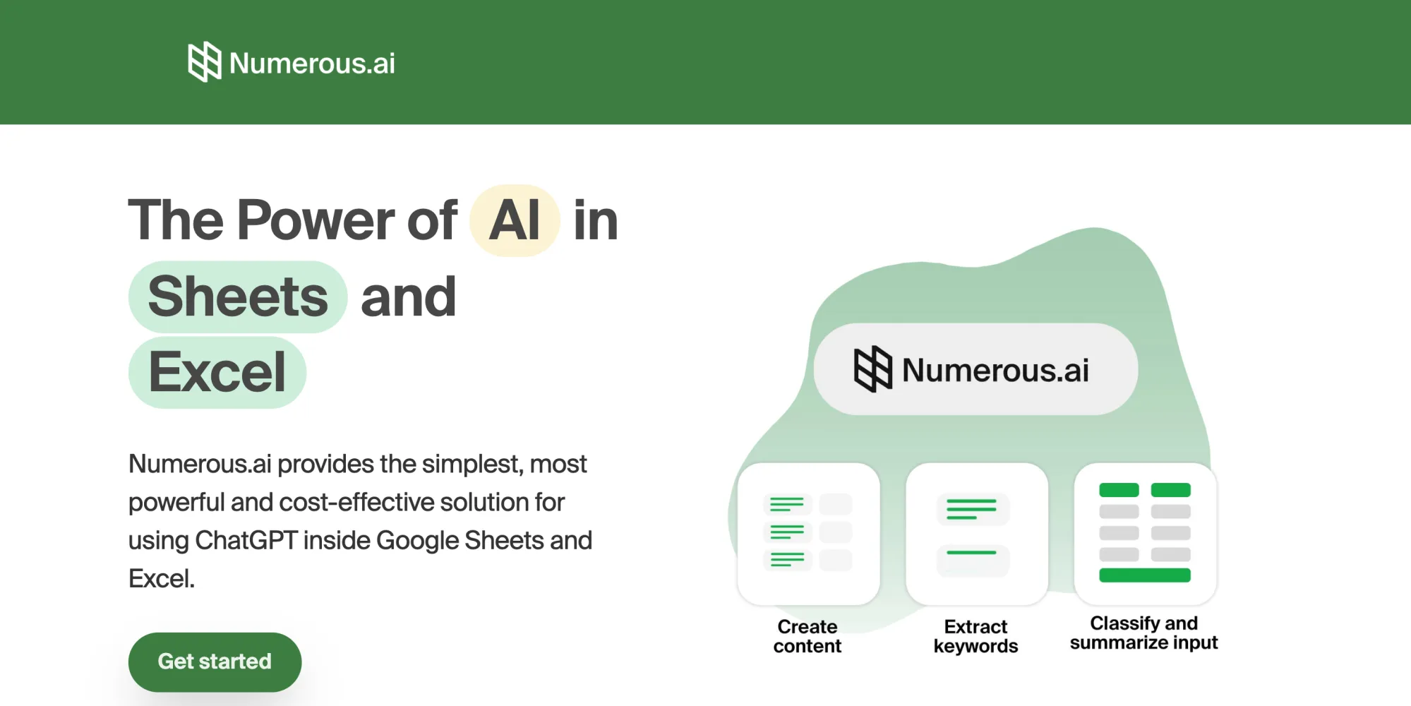Numerous.ai homepage presenting ChatGPT-powered AI functions for Google Sheets and Excel