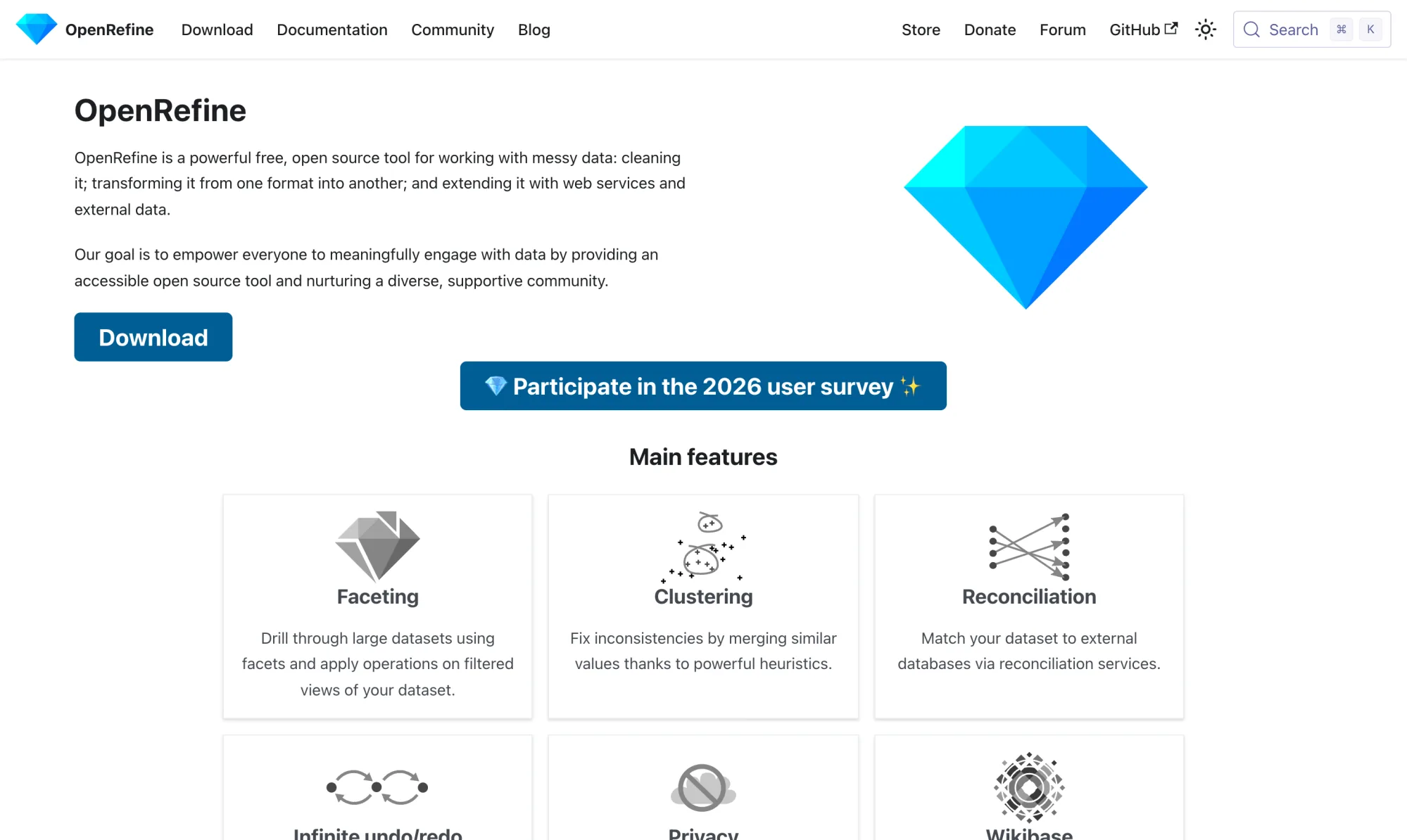 OpenRefine homepage listing faceting, clustering, and reconciliation features for messy data