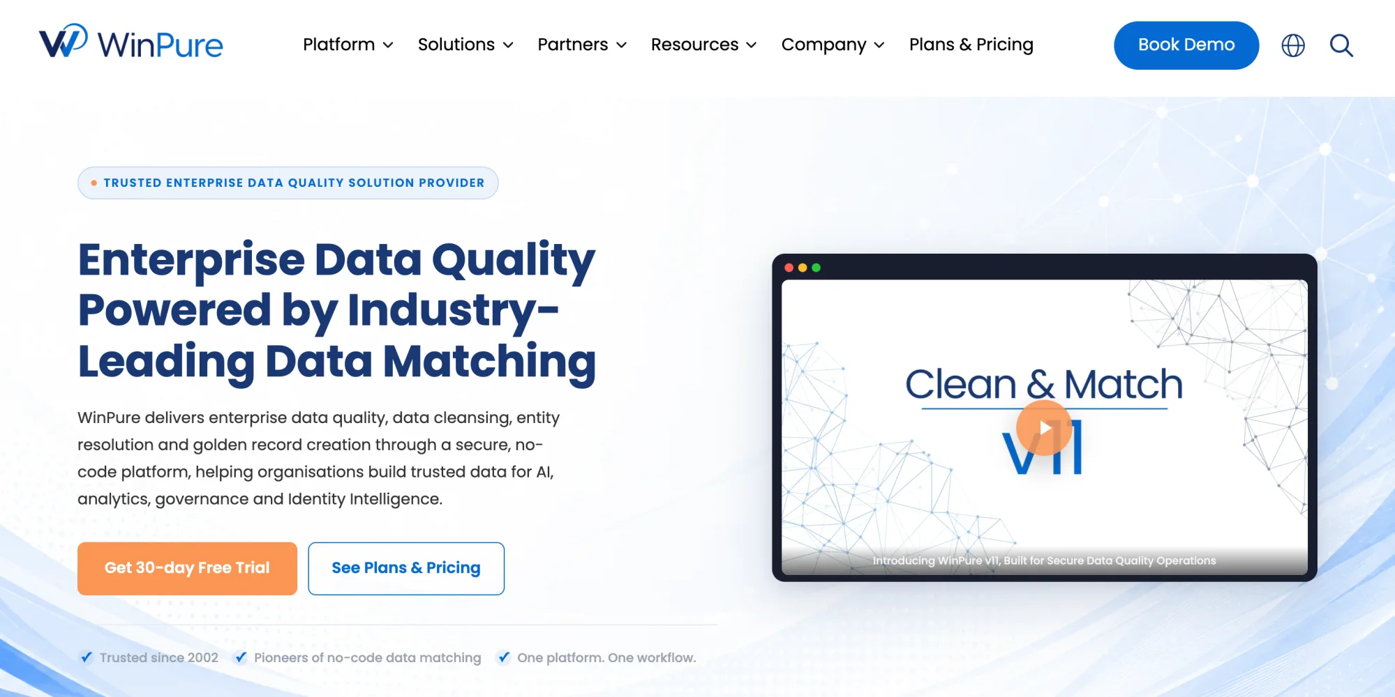 WinPure homepage presenting enterprise data quality powered by data matching