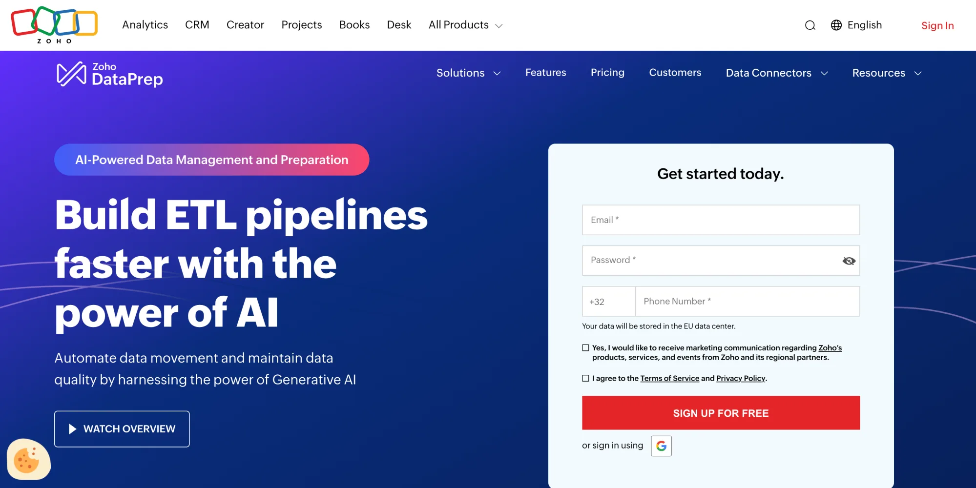 Zoho DataPrep homepage headlining AI-powered data management and preparation