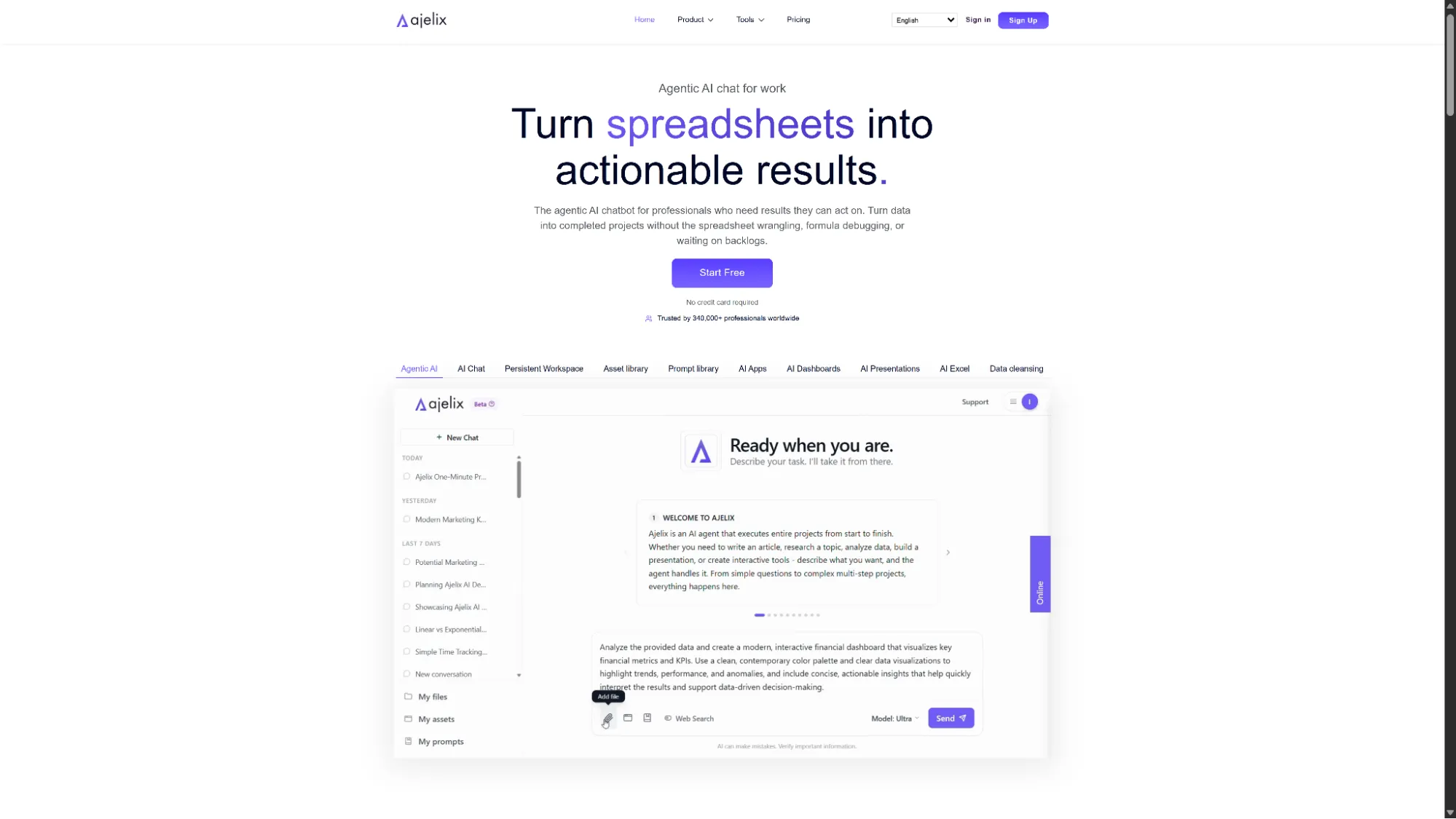 Ajelix AI workspace for spreadsheet automation and analytics