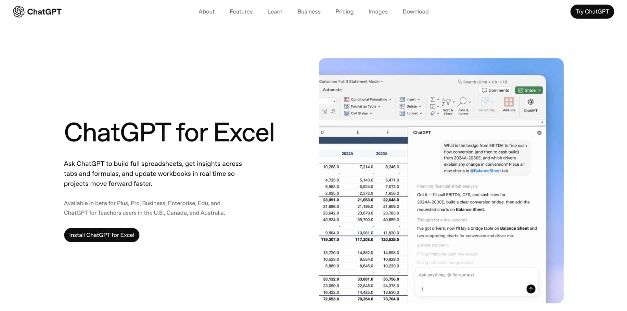 ChatGPT add-in sidebar inside Excel
