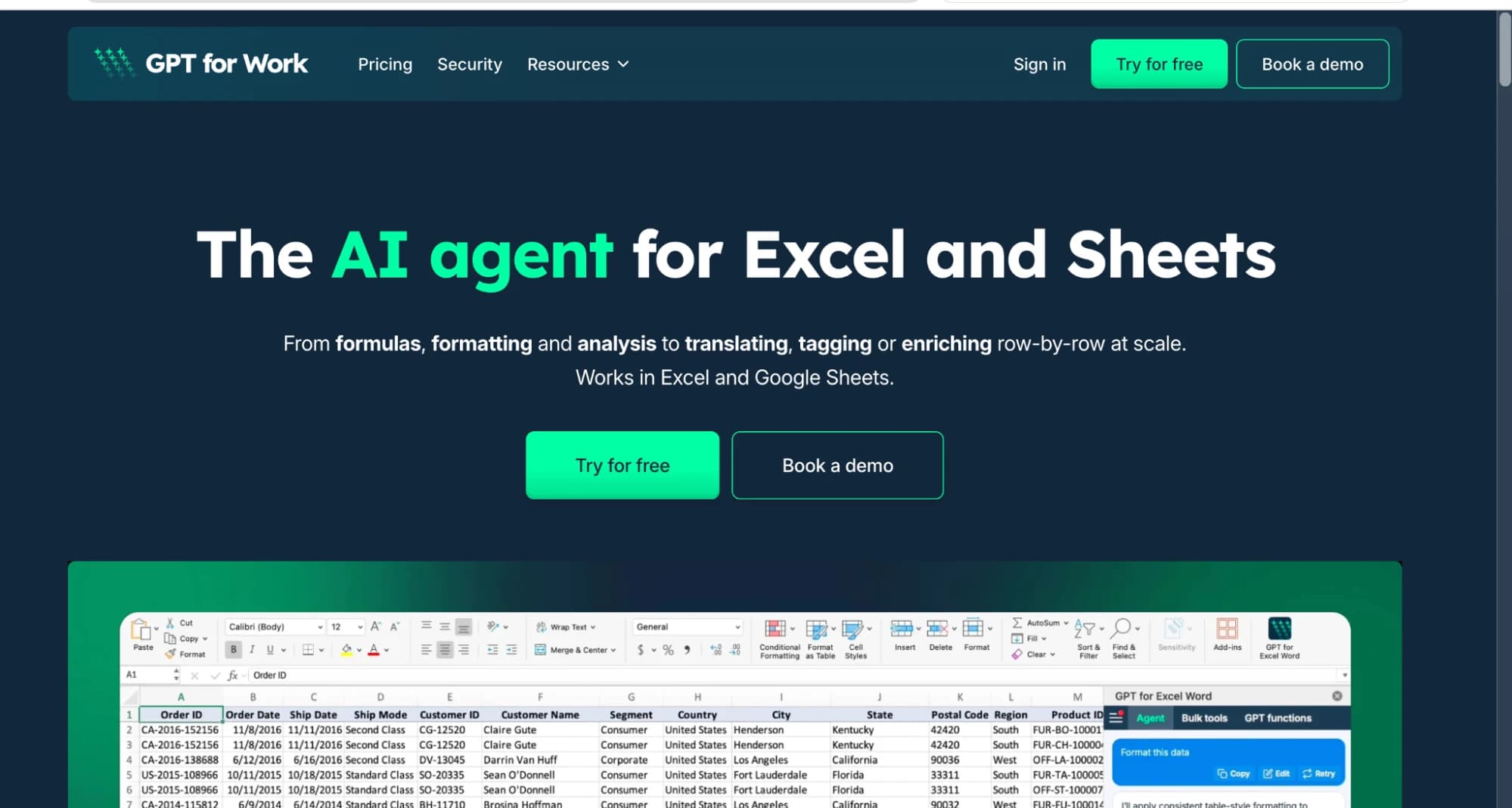 GPT for Work AI agent add-in inside Google Sheets