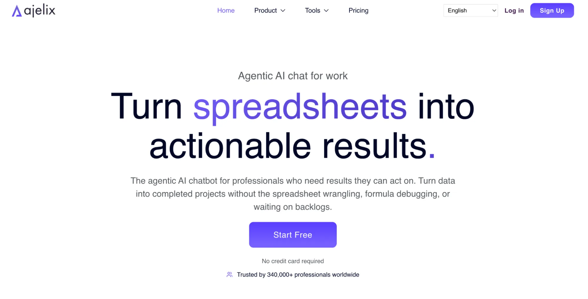 Ajelix homepage presenting an agentic AI chat that turns spreadsheets into actionable results
