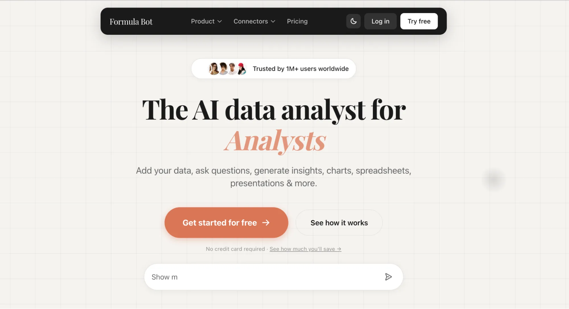 Formula Bot homepage presenting an AI data analyst that turns questions into charts and insights