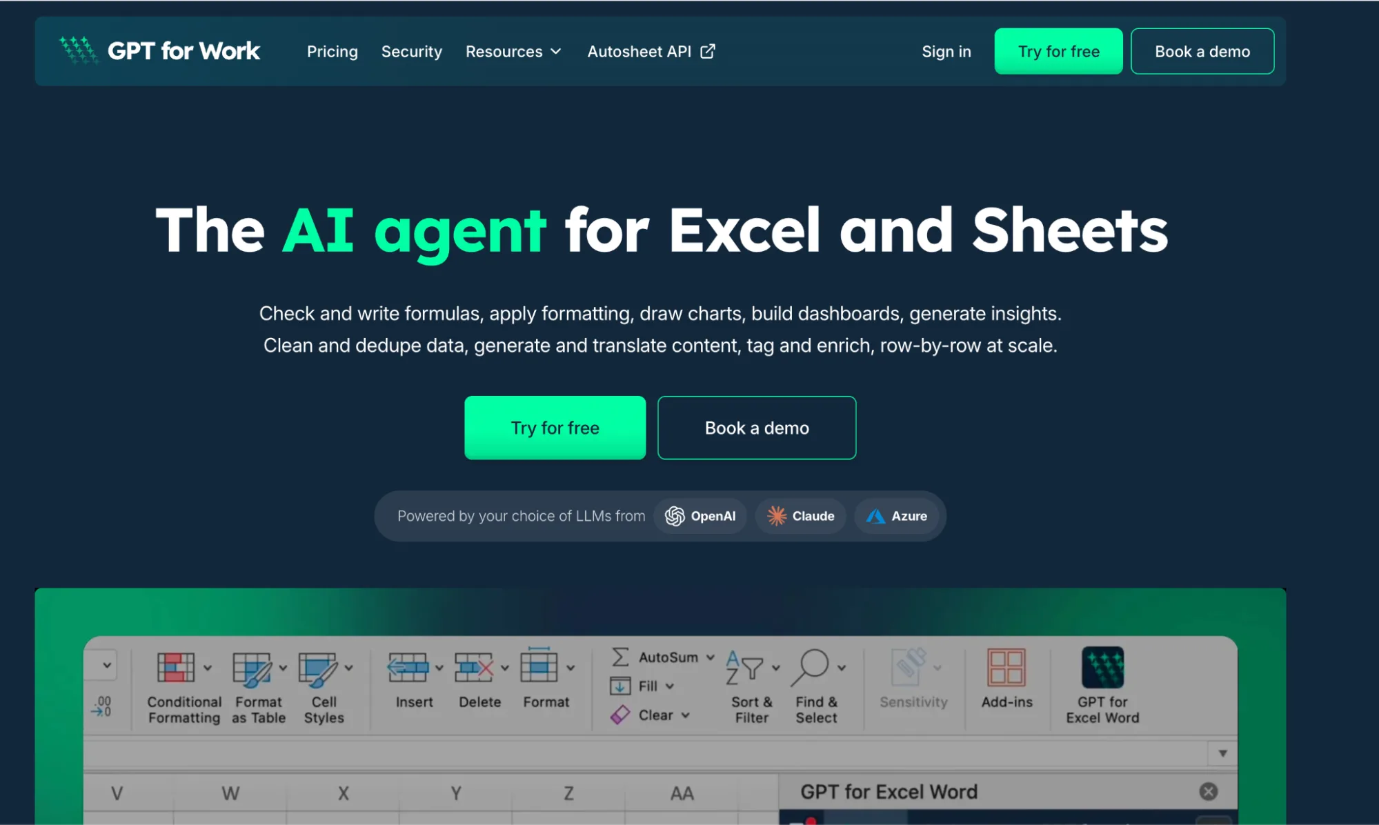 GPT for Work homepage presenting the AI agent for Excel and Google Sheets