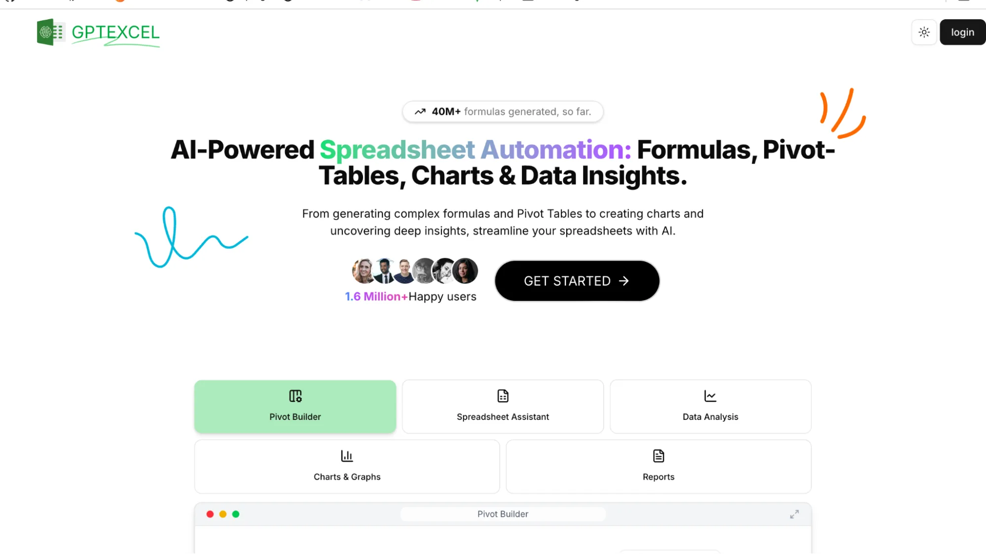 GPTExcel homepage showing AI-powered spreadsheet automation tools for formulas, pivot tables and charts