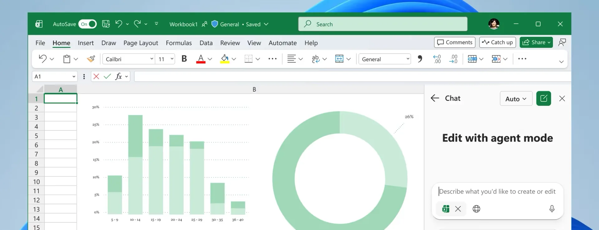 Microsoft Copilot agent mode pane open beside charts in an Excel workbook