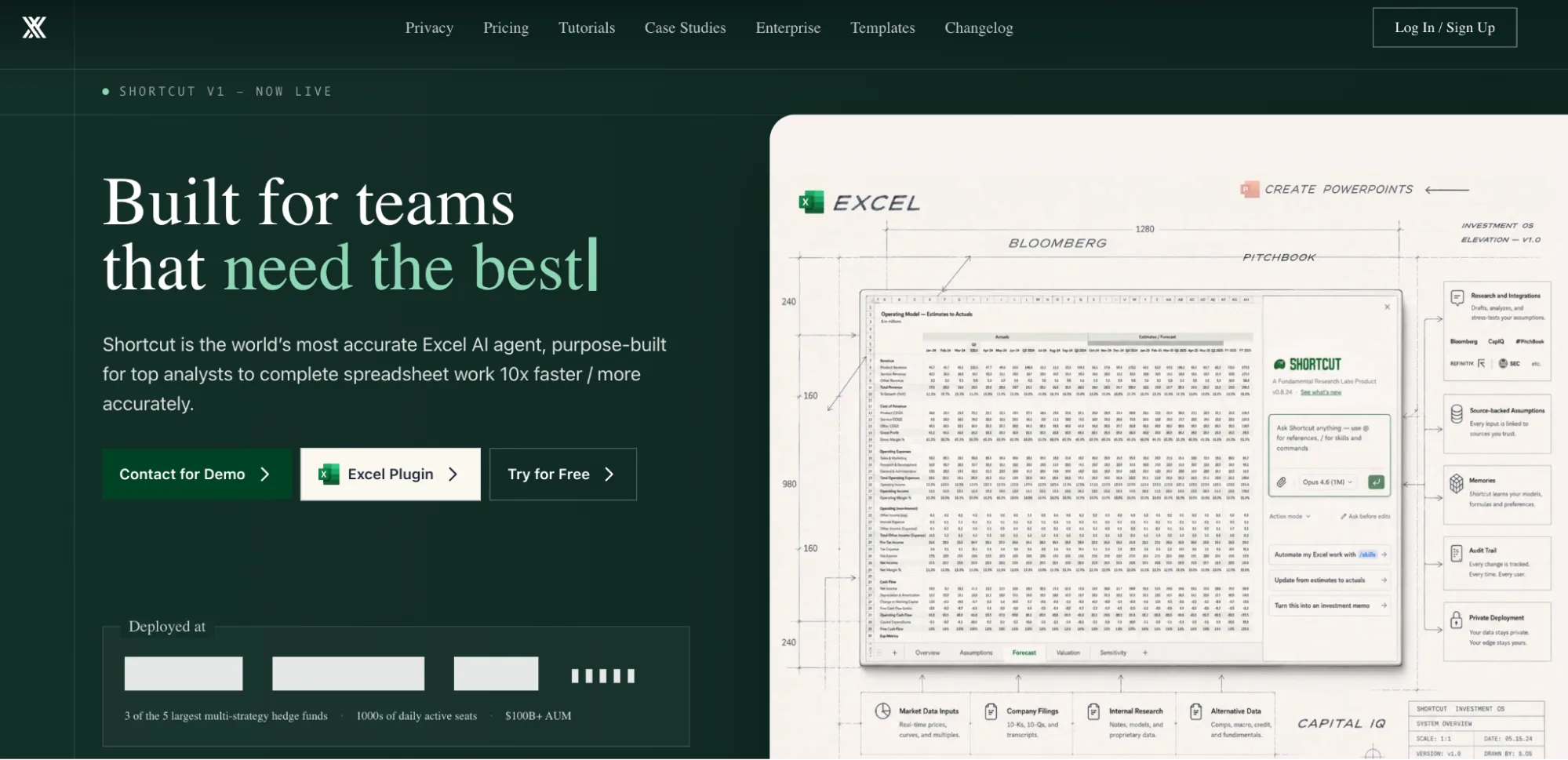 Shortcut homepage showing its Excel AI agent building a financial model with an audit trail