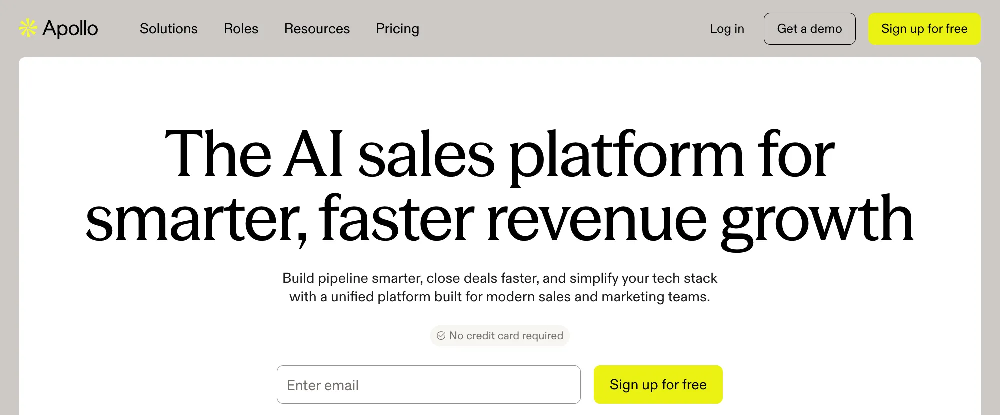 Apollo homepage presenting its AI sales platform with a free signup form