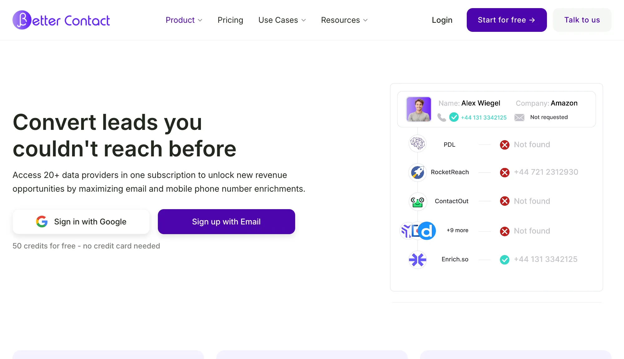 Better Contact homepage showing a waterfall of data providers searching for one contact's phone number