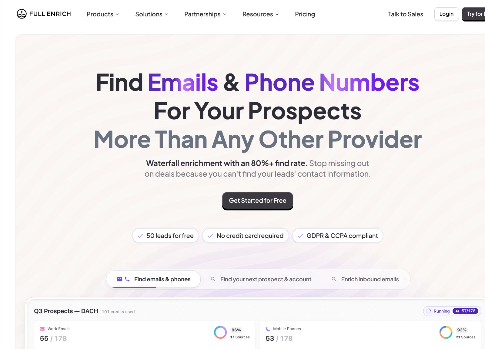 FullEnrich homepage presenting waterfall enrichment for emails and phone numbers