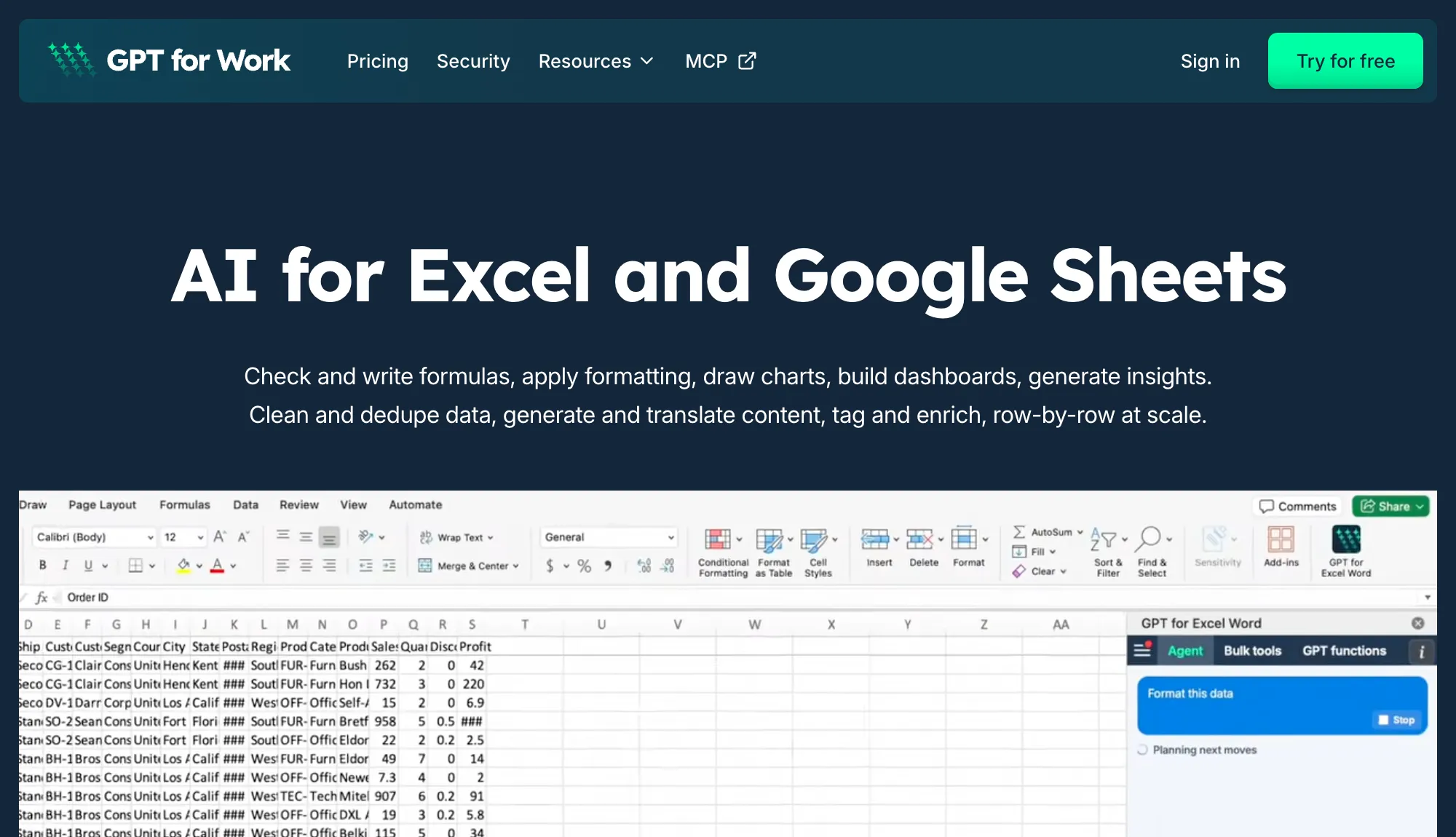 GPT for Work homepage presenting AI for Excel and Google Sheets