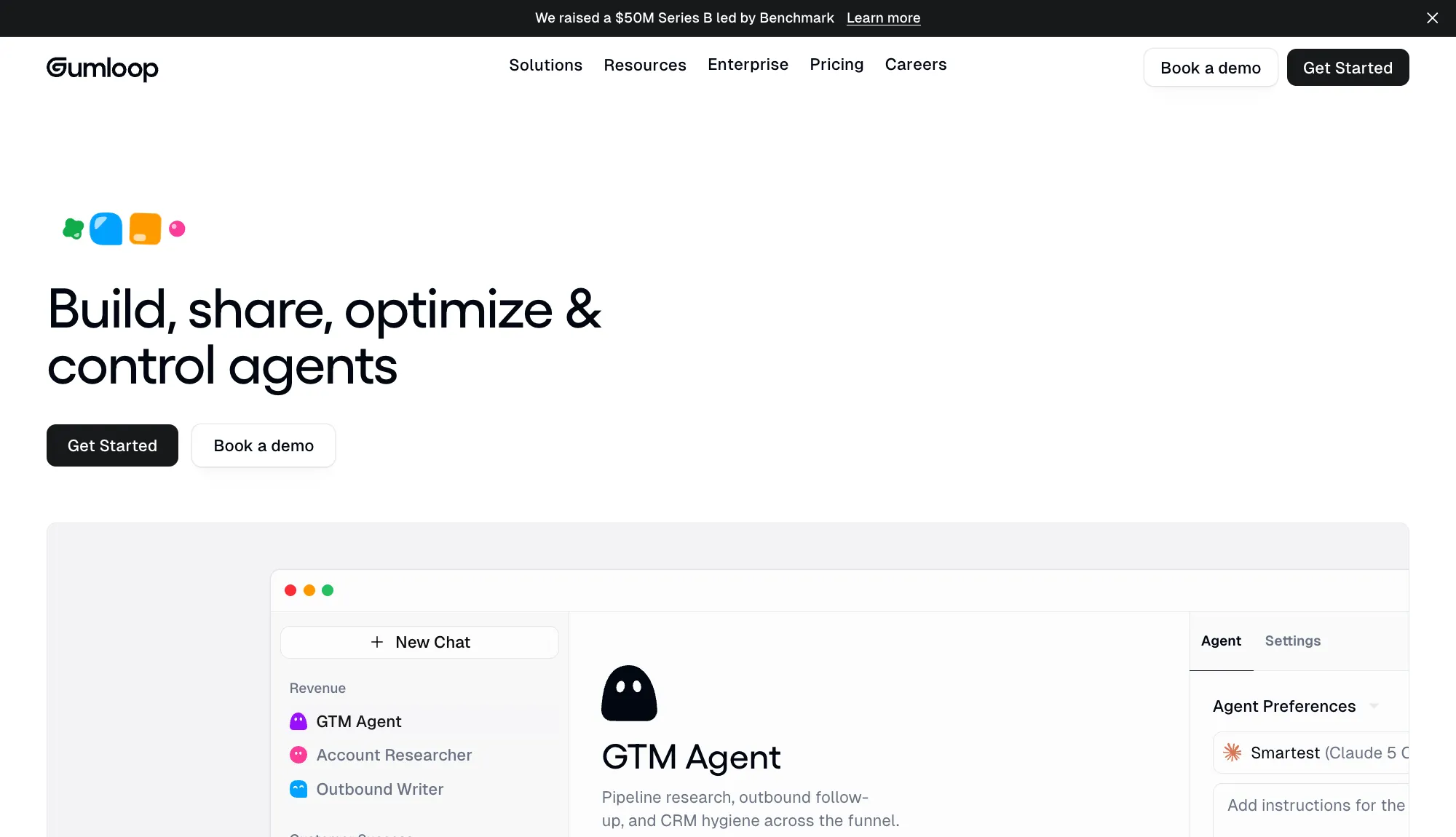 Gumloop homepage showing its agent builder open on a GTM agent workspace