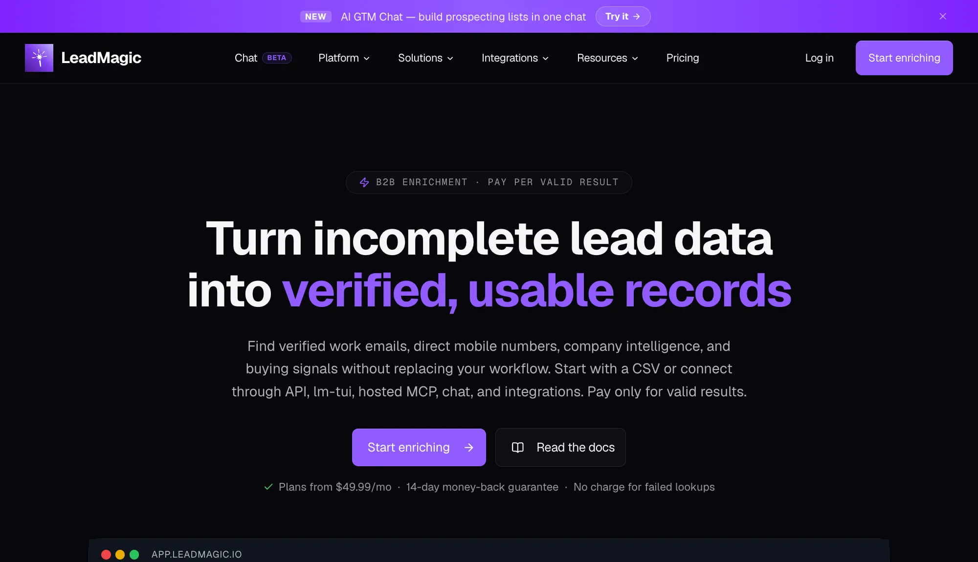 LeadMagic homepage presenting B2B enrichment that pays per valid result