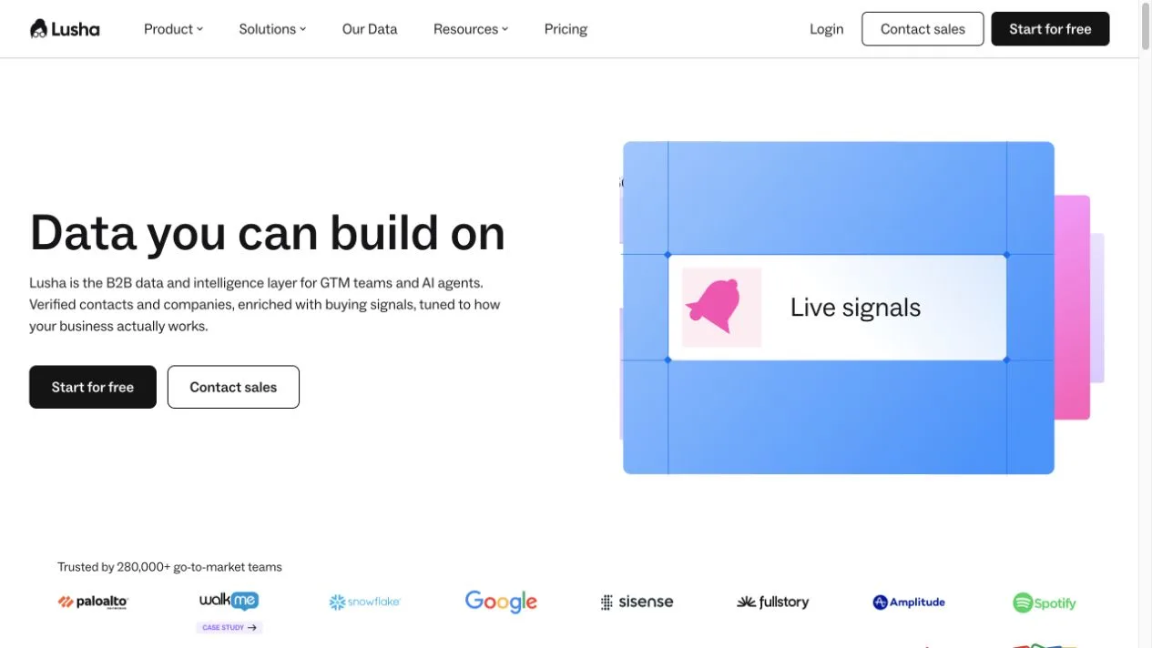 Lusha homepage presenting verified B2B data and live buying signals