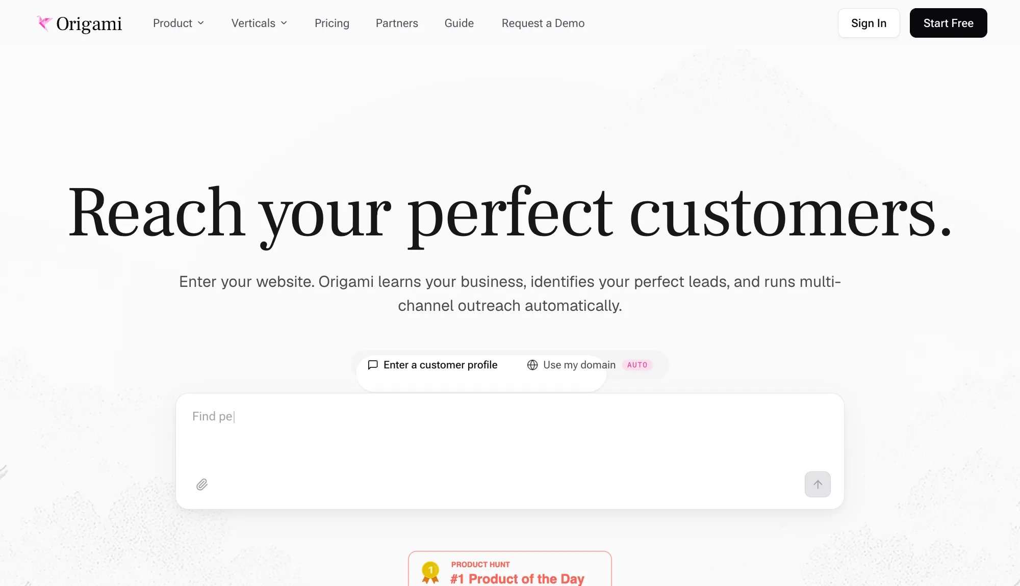 Origami homepage presenting AI research agents that find leads and run outreach