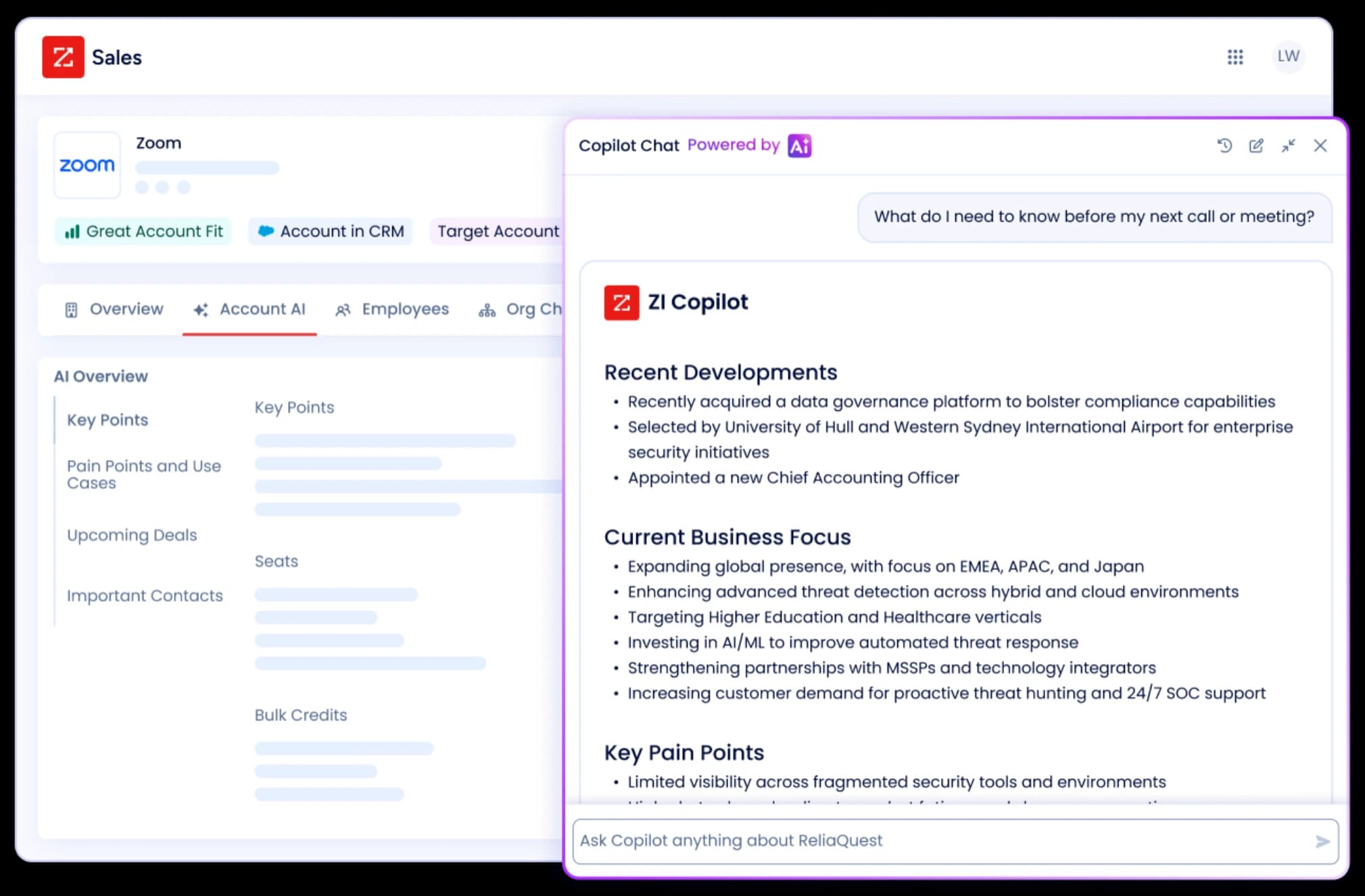 ZoomInfo Sales workspace with account insights and Copilot chat