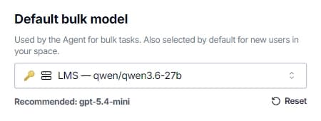 Selecting a model from a custom API endpoint as the default bulk model in the GPT for Work dashboard