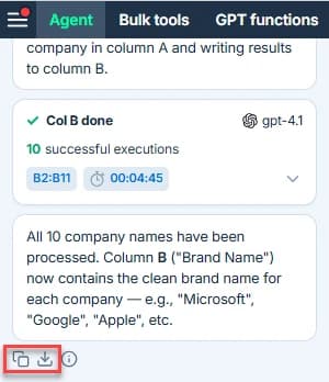 Export and copy conversation options in GPT for Excel