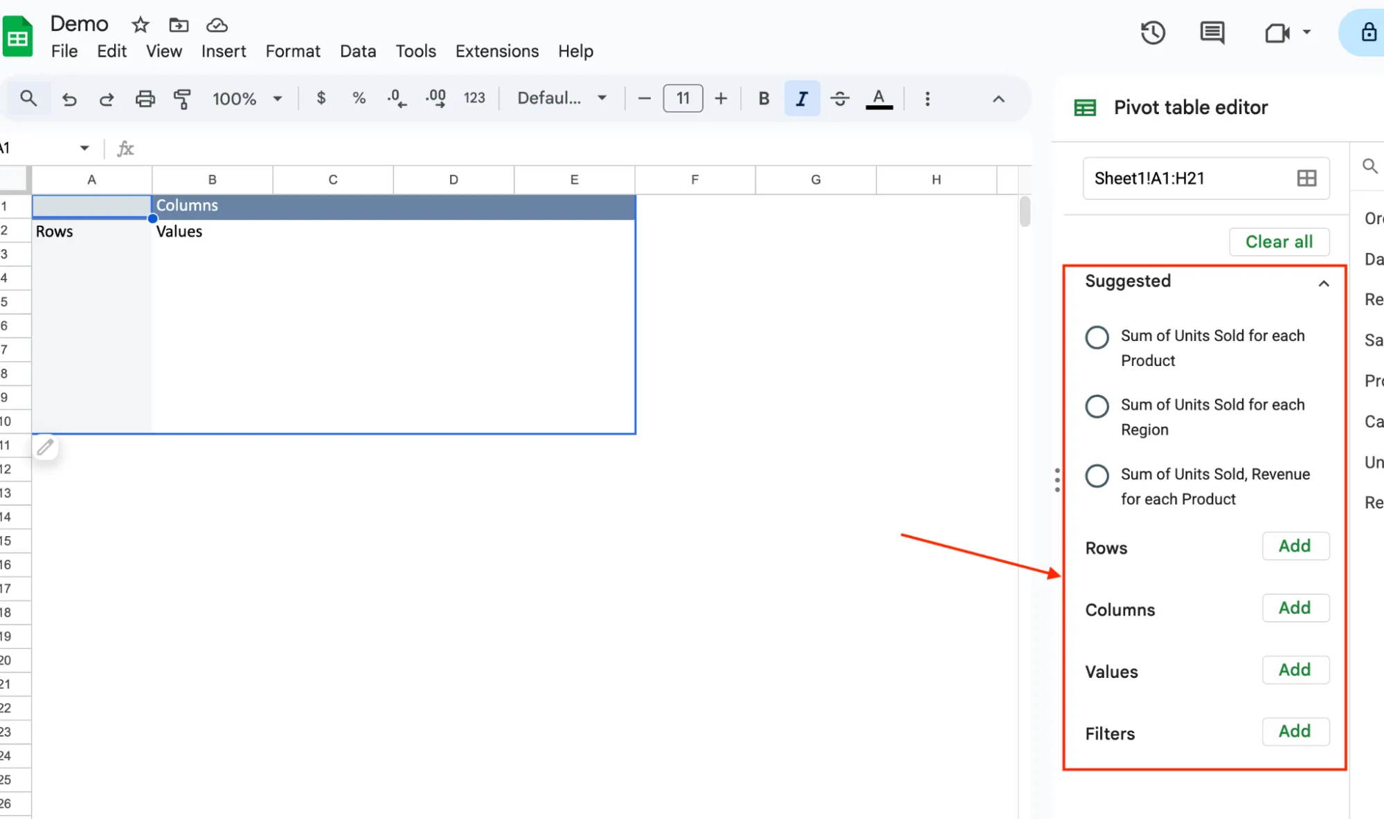 Pivot table editor panel with Rows, Columns, Values, and Filters